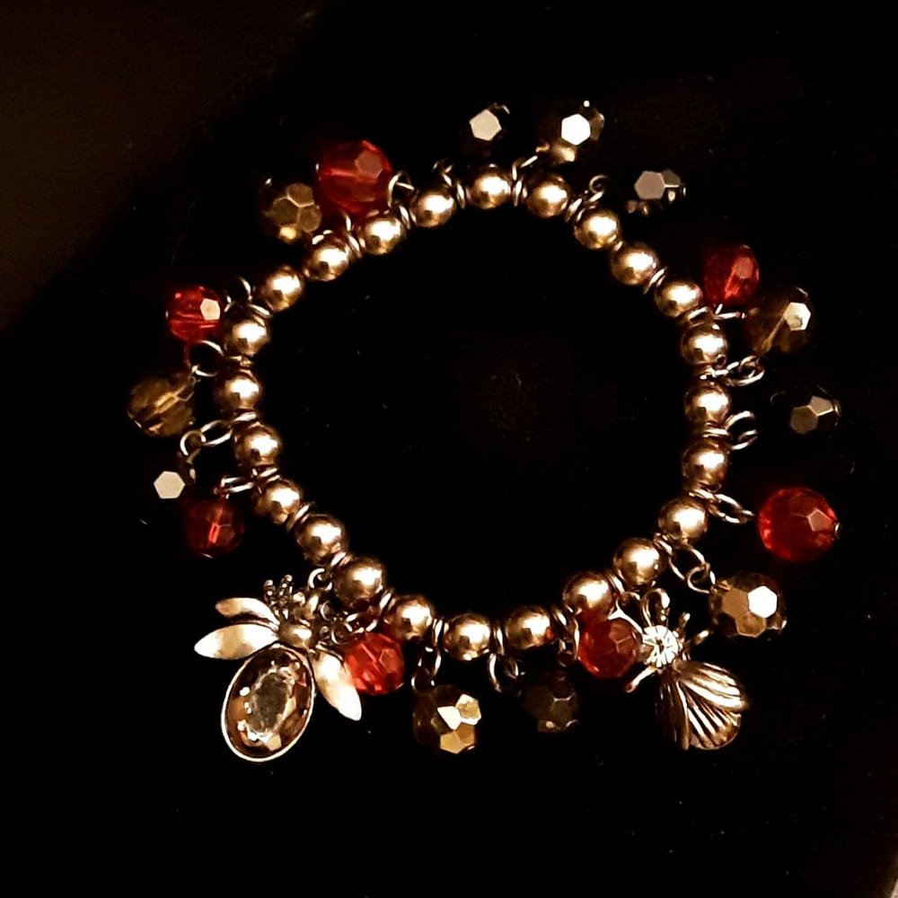 Beaded Insect And Rhinestone Stretch Bracelet